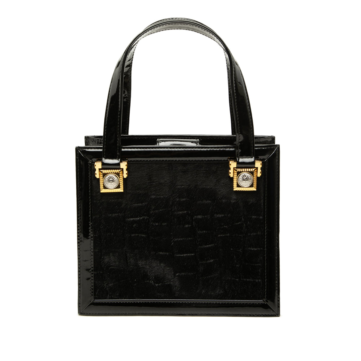 Versace Patent and Pony Hair Box Sunburst Handbag — Black