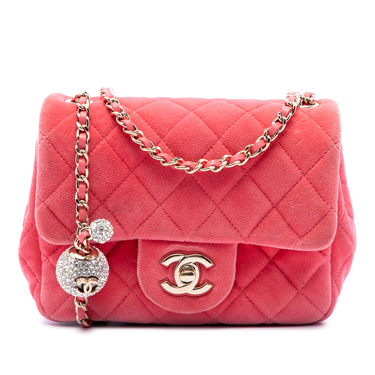 Chanel Mini Square Classic Velvet Pearl Crush Single Flap — Pink