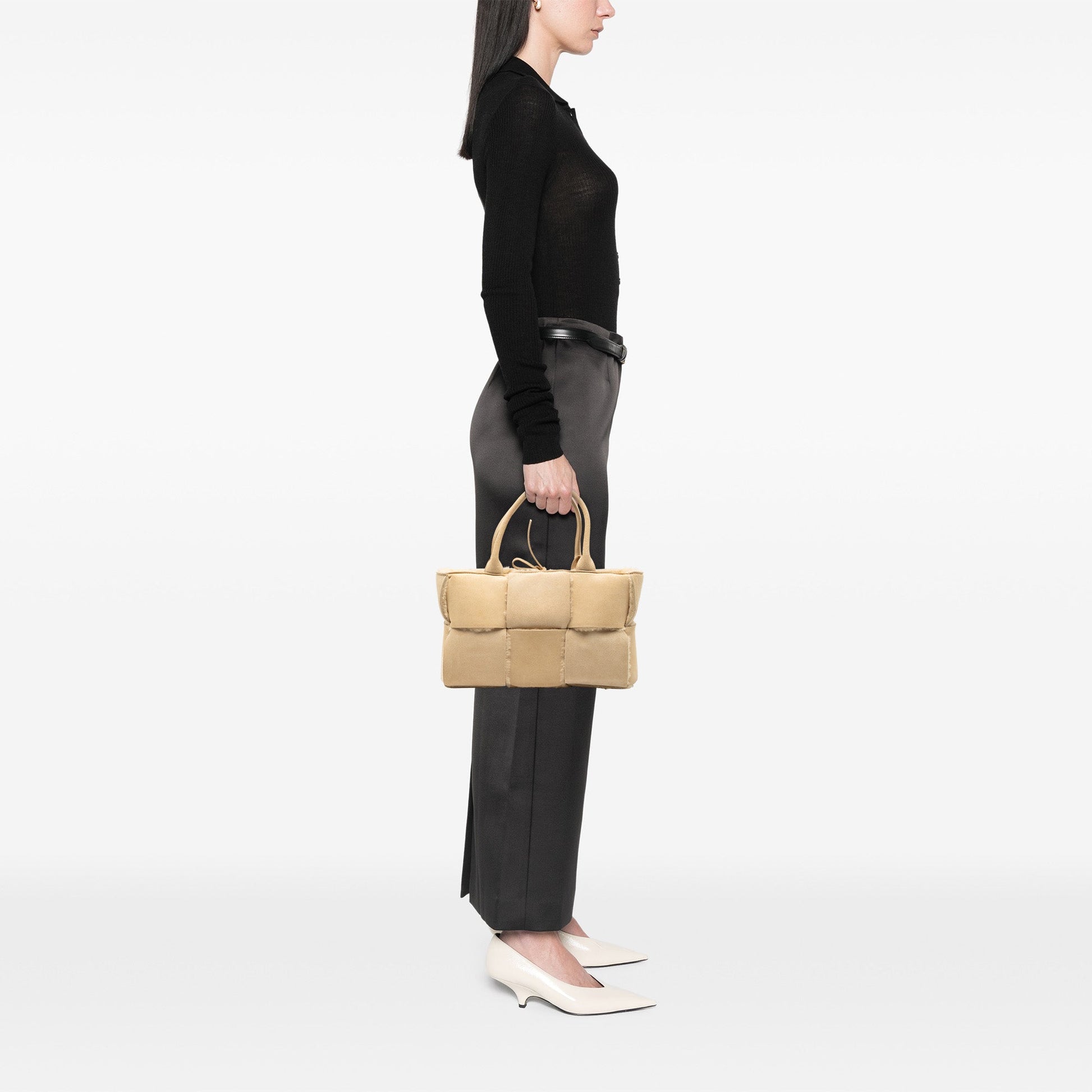 Bottega Veneta Small Suede and Shearling Maxi Intrecciato Arco Tote