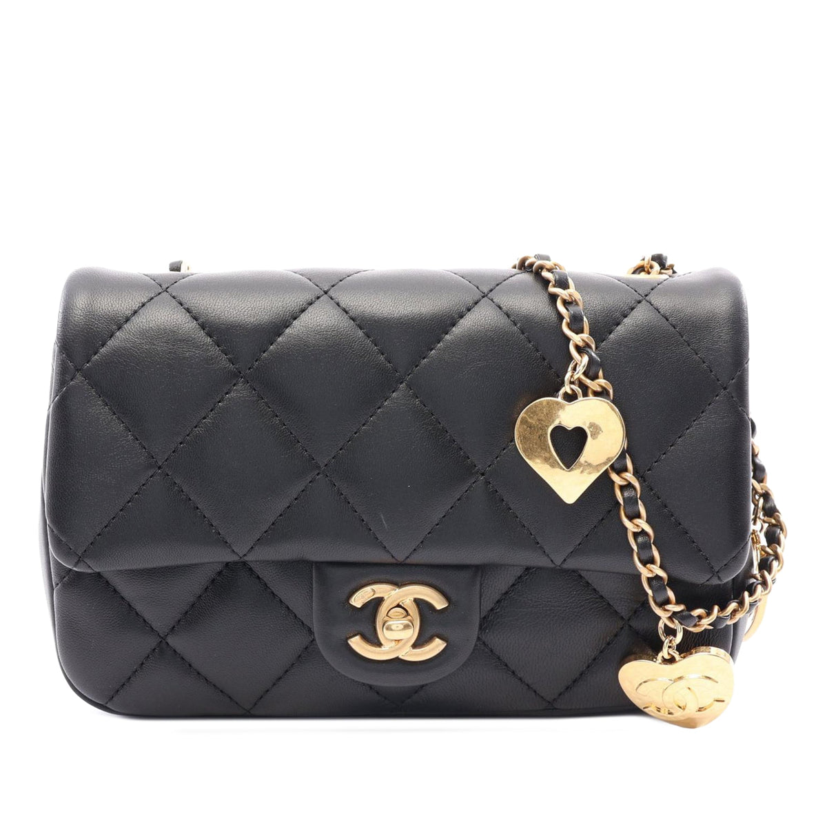Chanel Mini Rectangular Quilted Lambskin Heart Charms Flap — Black