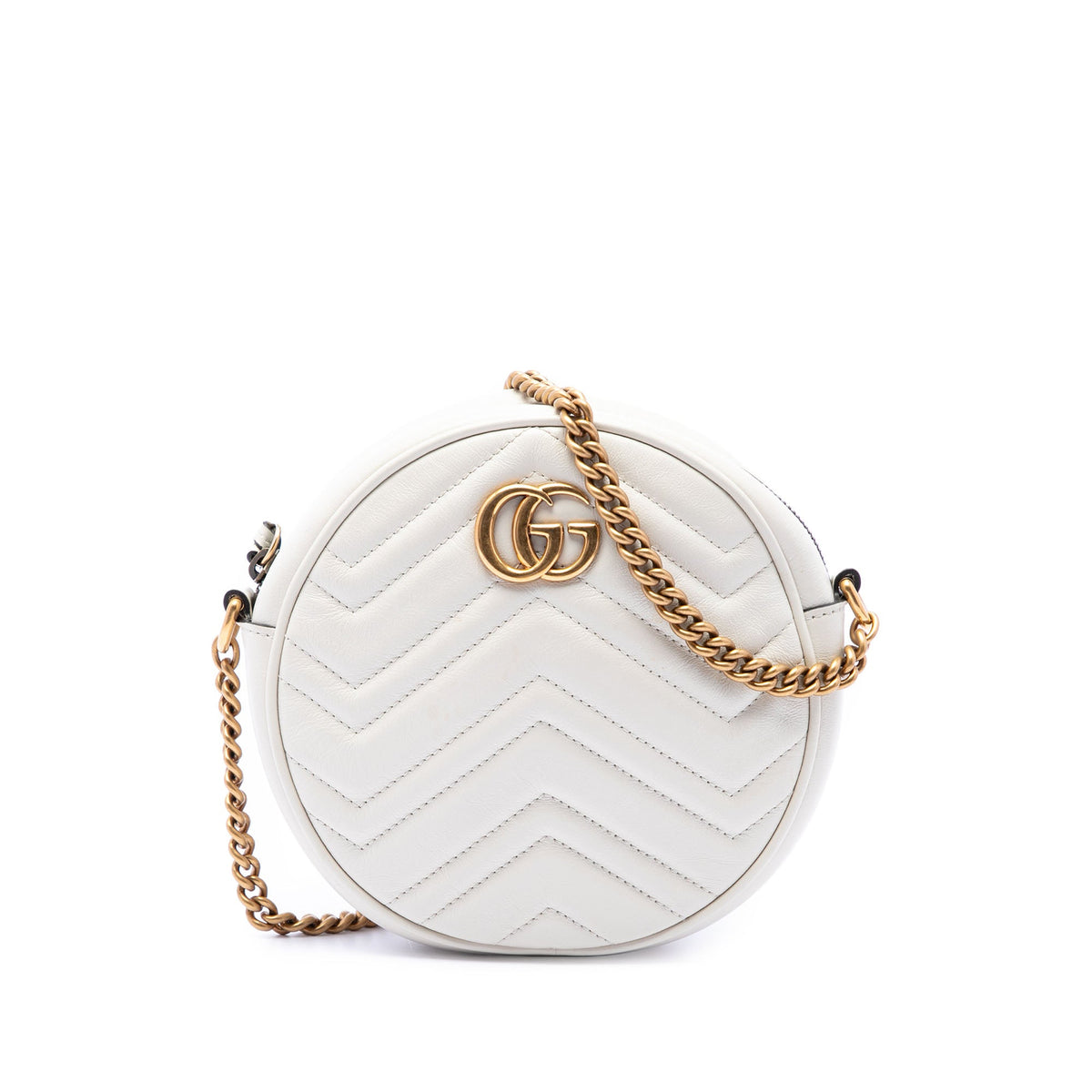 Gucci Mini GG Marmont Matelasse Calfskin Round Crossbody — White