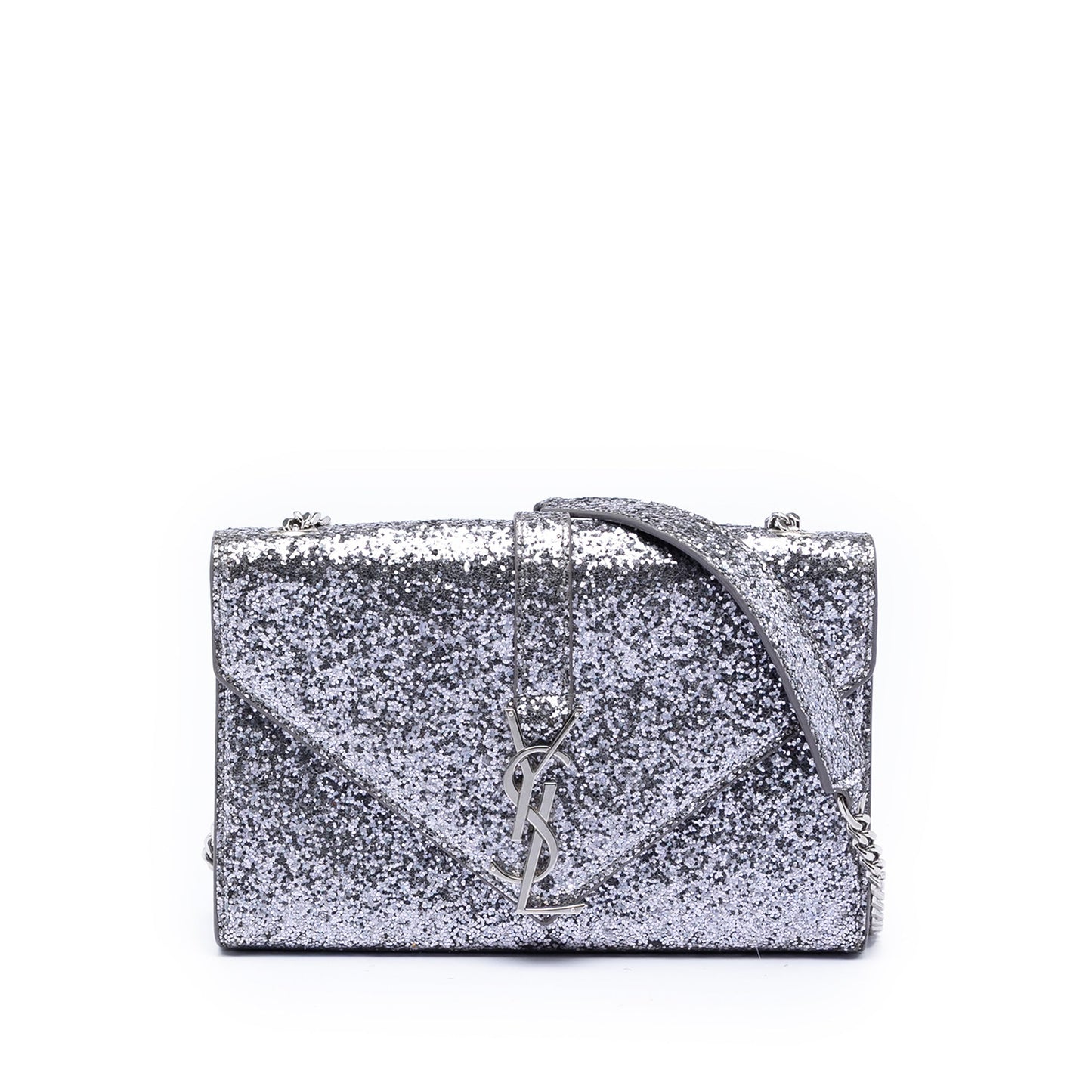 Saint Laurent Glitter Galactica Leather Monogram Envelope Chain Wallet