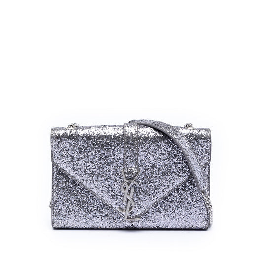 Saint Laurent Glitter Galactica Leather Monogram Envelope Chain Wallet