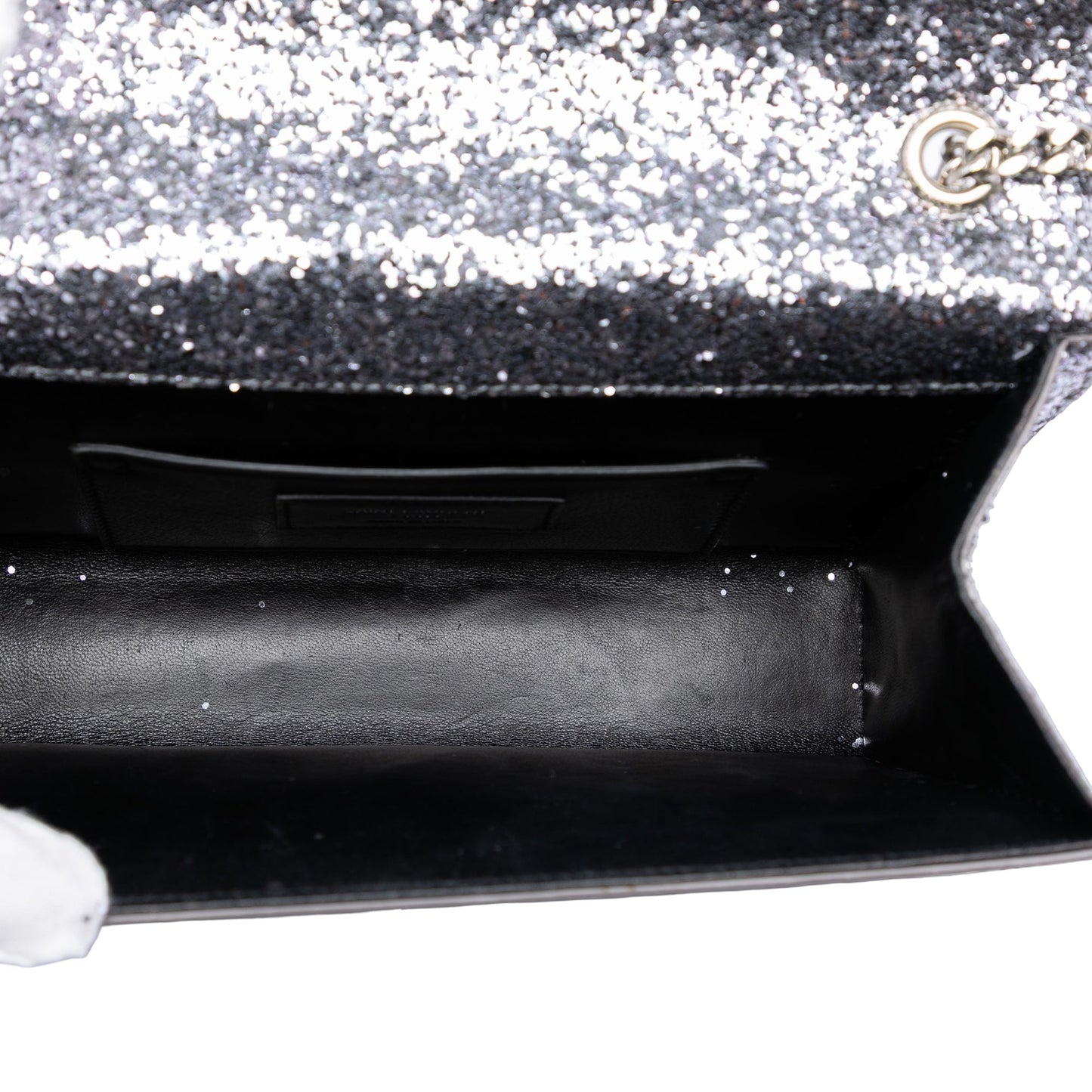 Saint Laurent Glitter Galactica Leather Monogram Envelope Chain Wallet