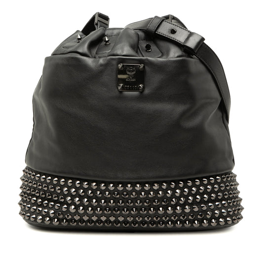 MCM Studded Leather Drawstring Bucket Bag