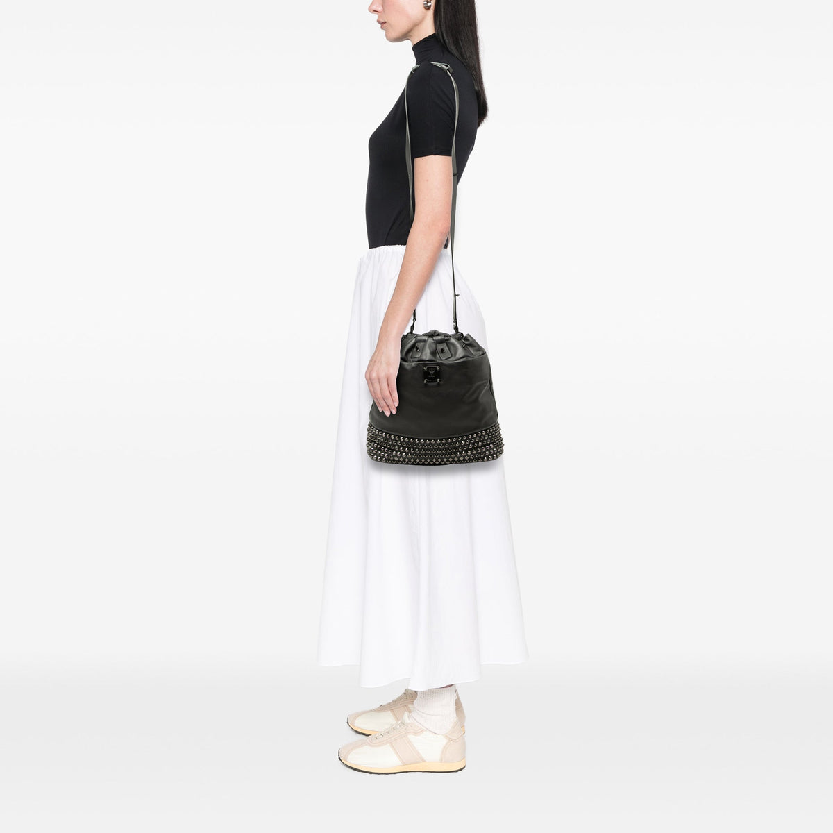 MCM Studded Leather Drawstring Bucket Bag