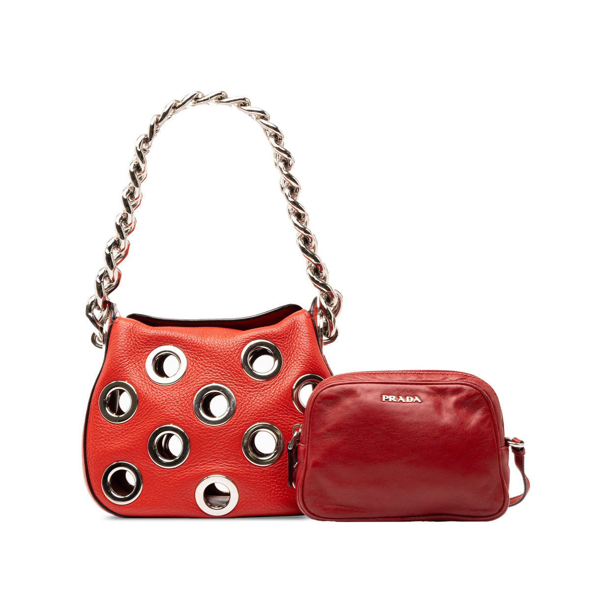 Prada Vitello Daino Grommet Handbag — Red