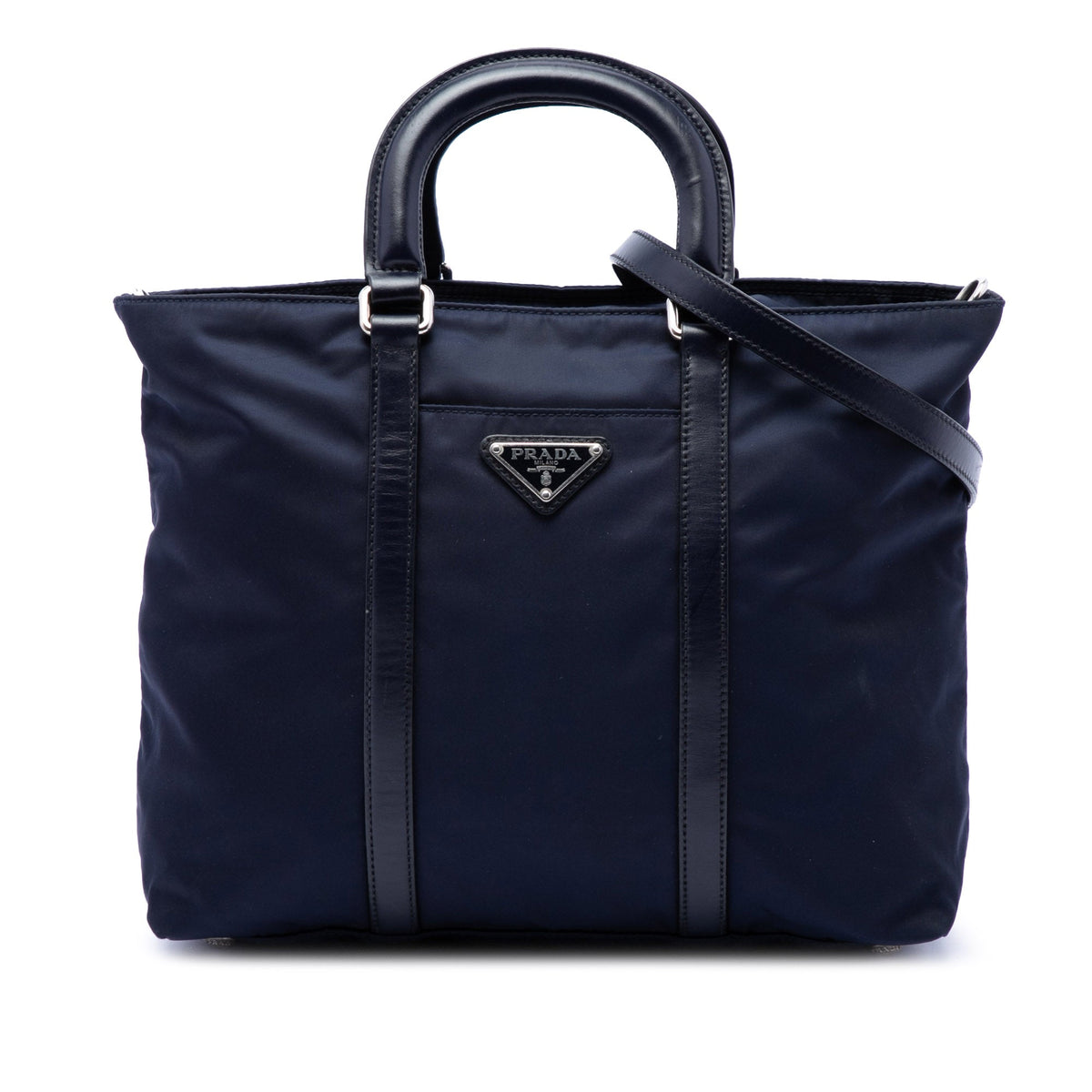 Prada Vitello Trimmed Tessuto Satchel — Blue