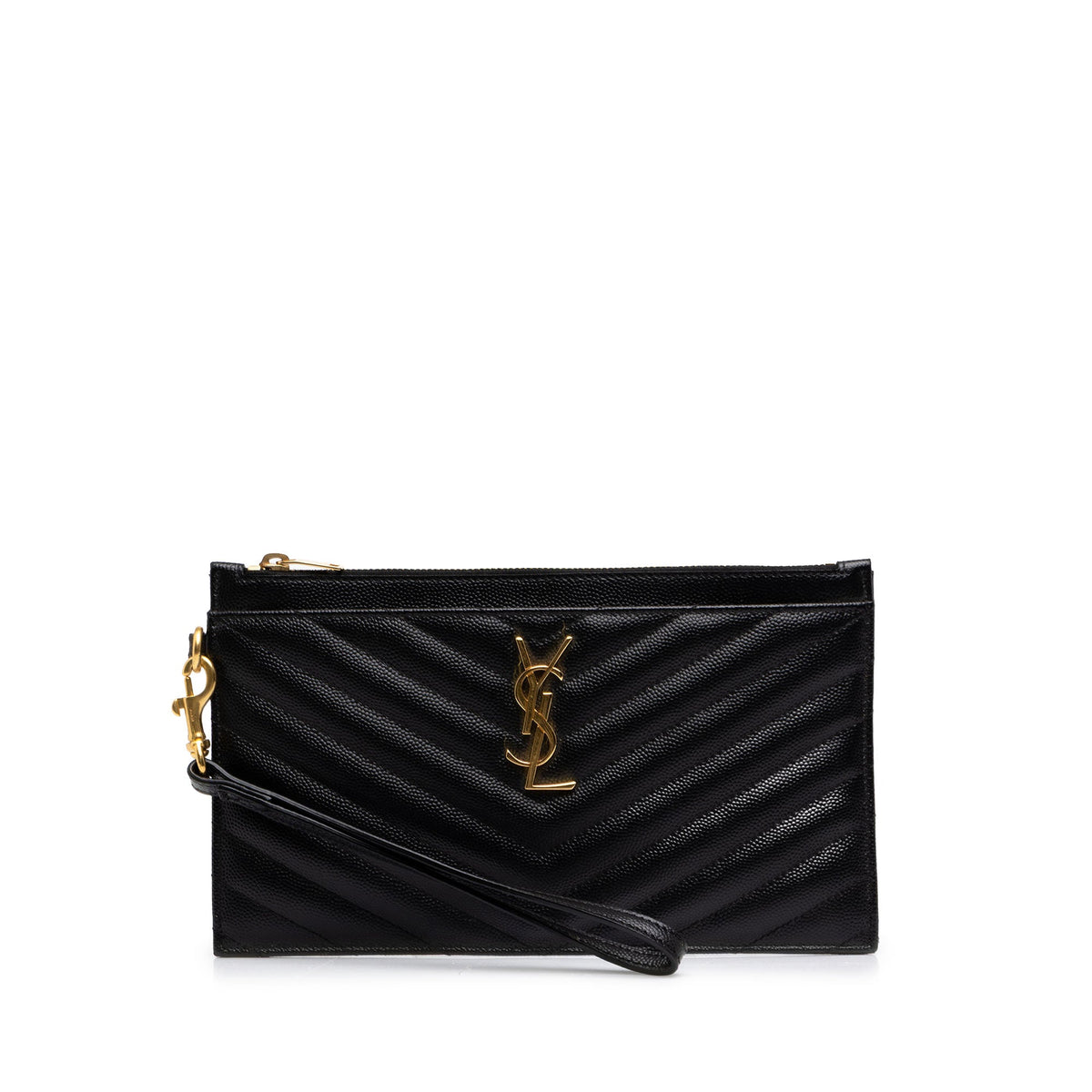 Saint Laurent Grain De Poudre Chevron Monogram Bill Pouch — Black