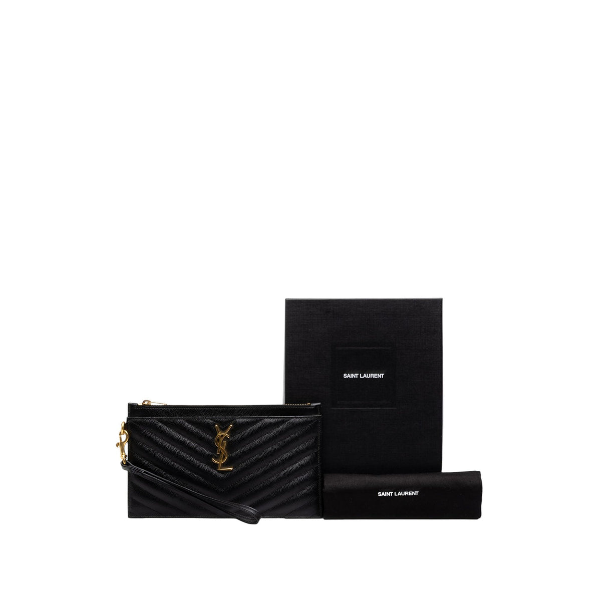 Saint Laurent Grain De Poudre Chevron Monogram Bill Pouch — Black