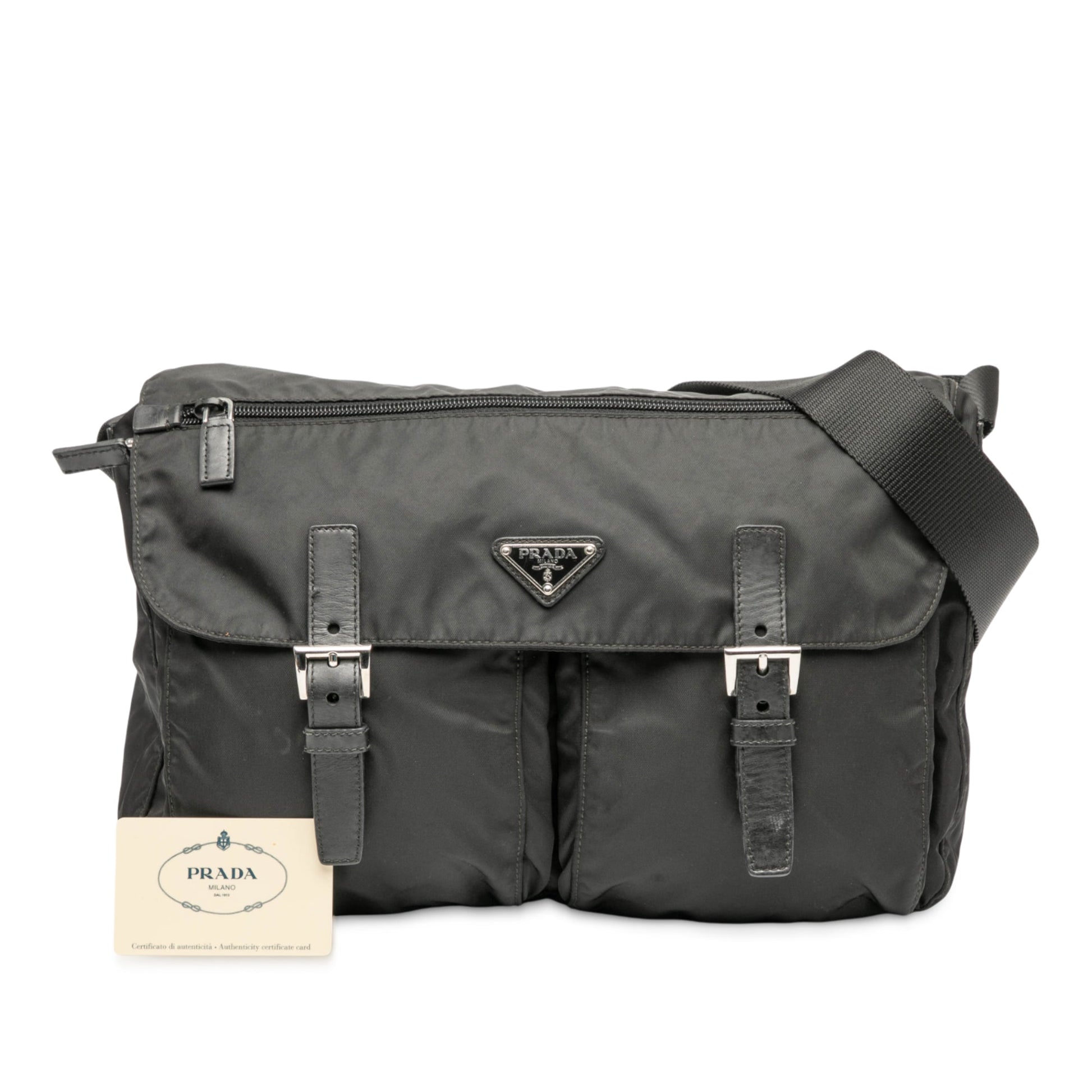 Prada Tessuto Zip Double Buckle Messenger Bag