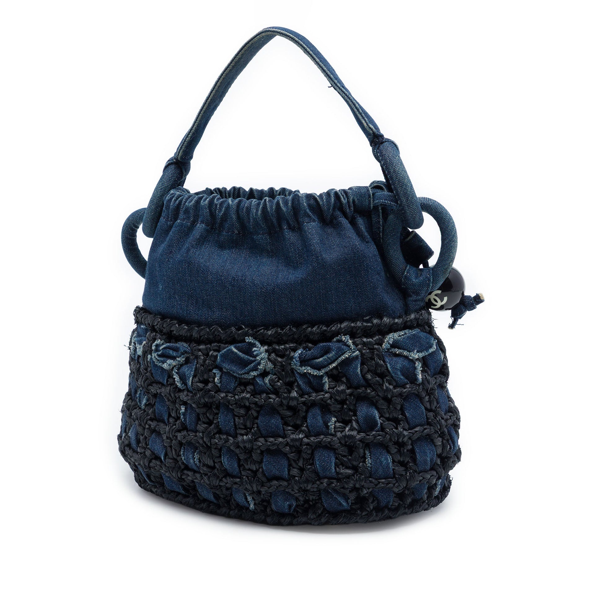 Chanel CC Woven Denim and Raffia Drawstring Bucket Bag