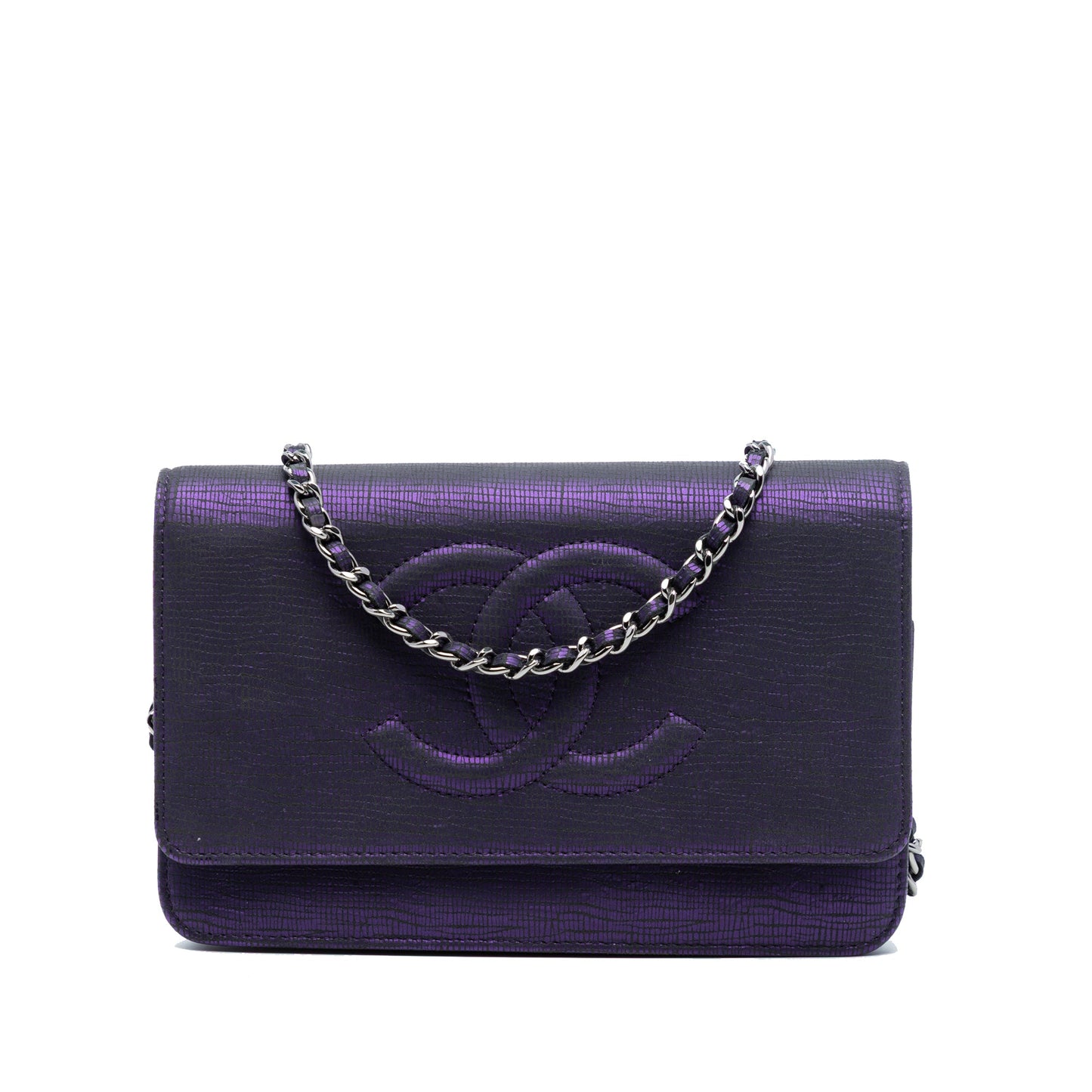 CC Metallic Crackling Lizard Printed Leather Wallet on Chain