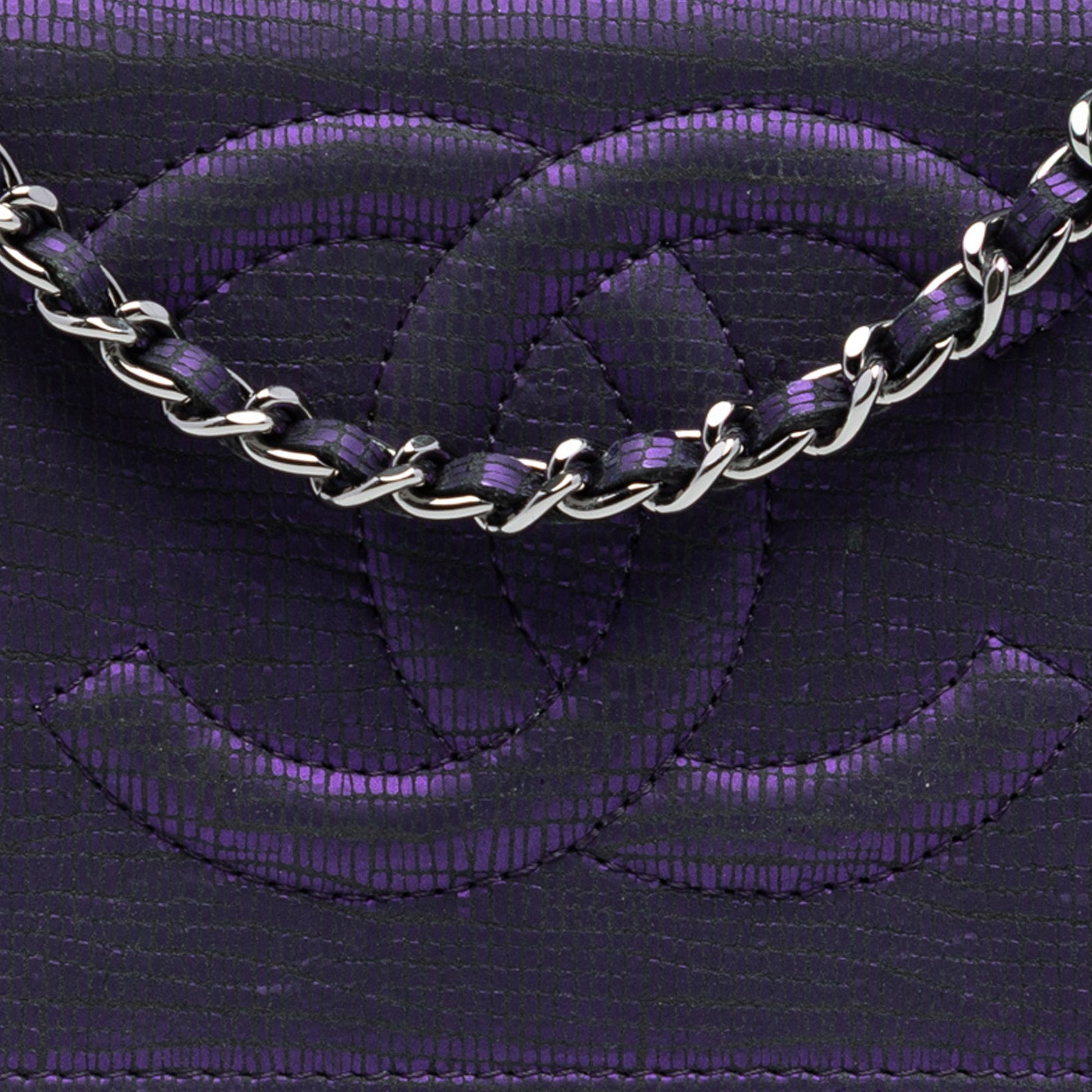 CC Metallic Crackling Lizard Printed Leather Wallet on Chain