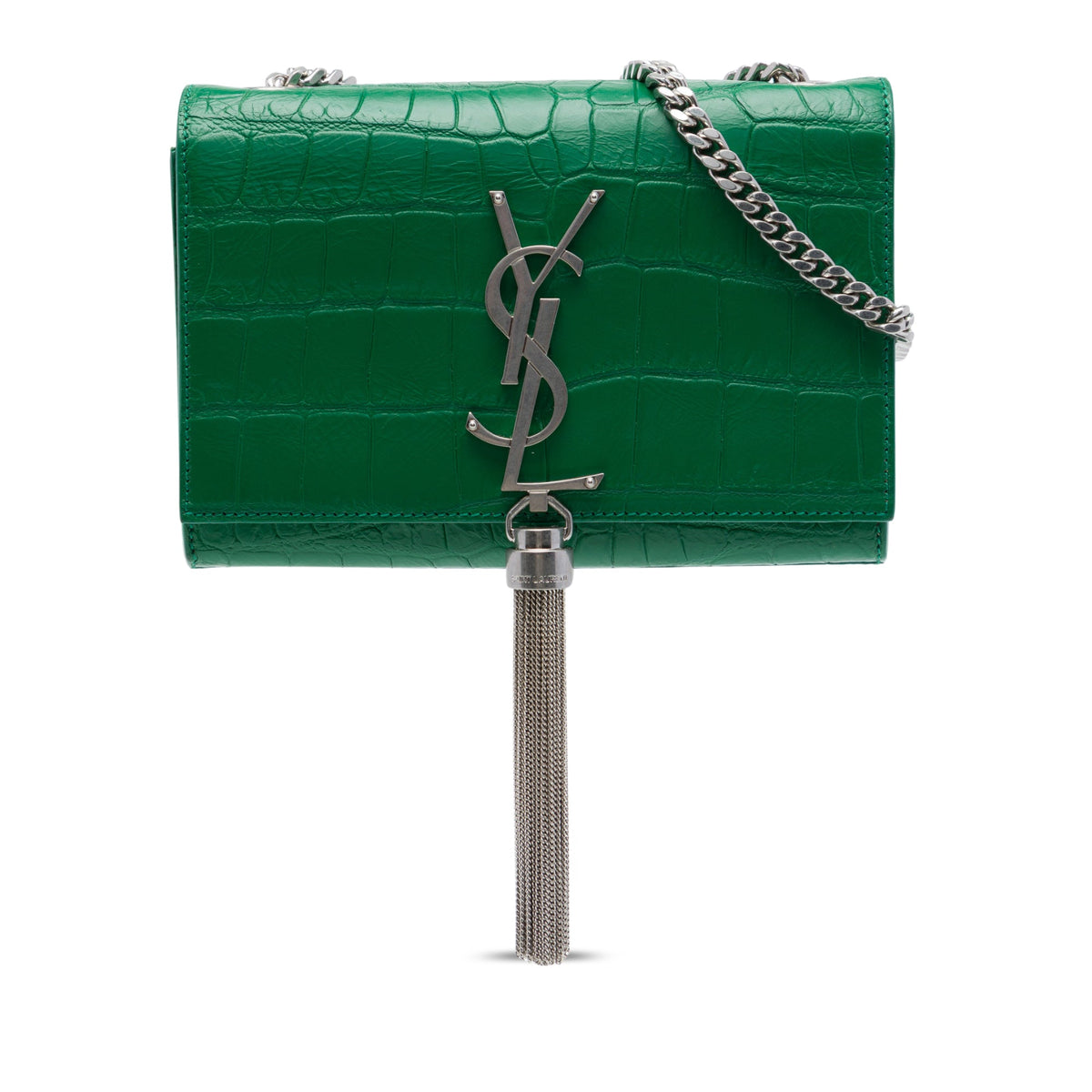 Saint Laurent Small Croc Embossed Leather Monogram Kate Tassel Crossbody — Green