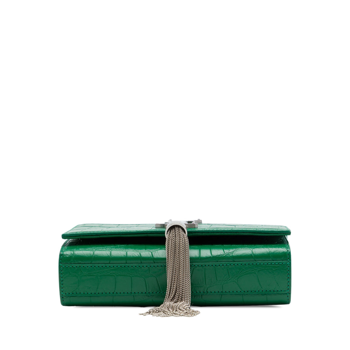 Saint Laurent Small Croc Embossed Leather Monogram Kate Tassel Crossbody — Green