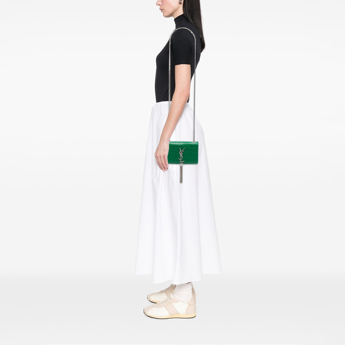 Saint Laurent Small Croc Embossed Leather Monogram Kate Tassel Crossbody — Green