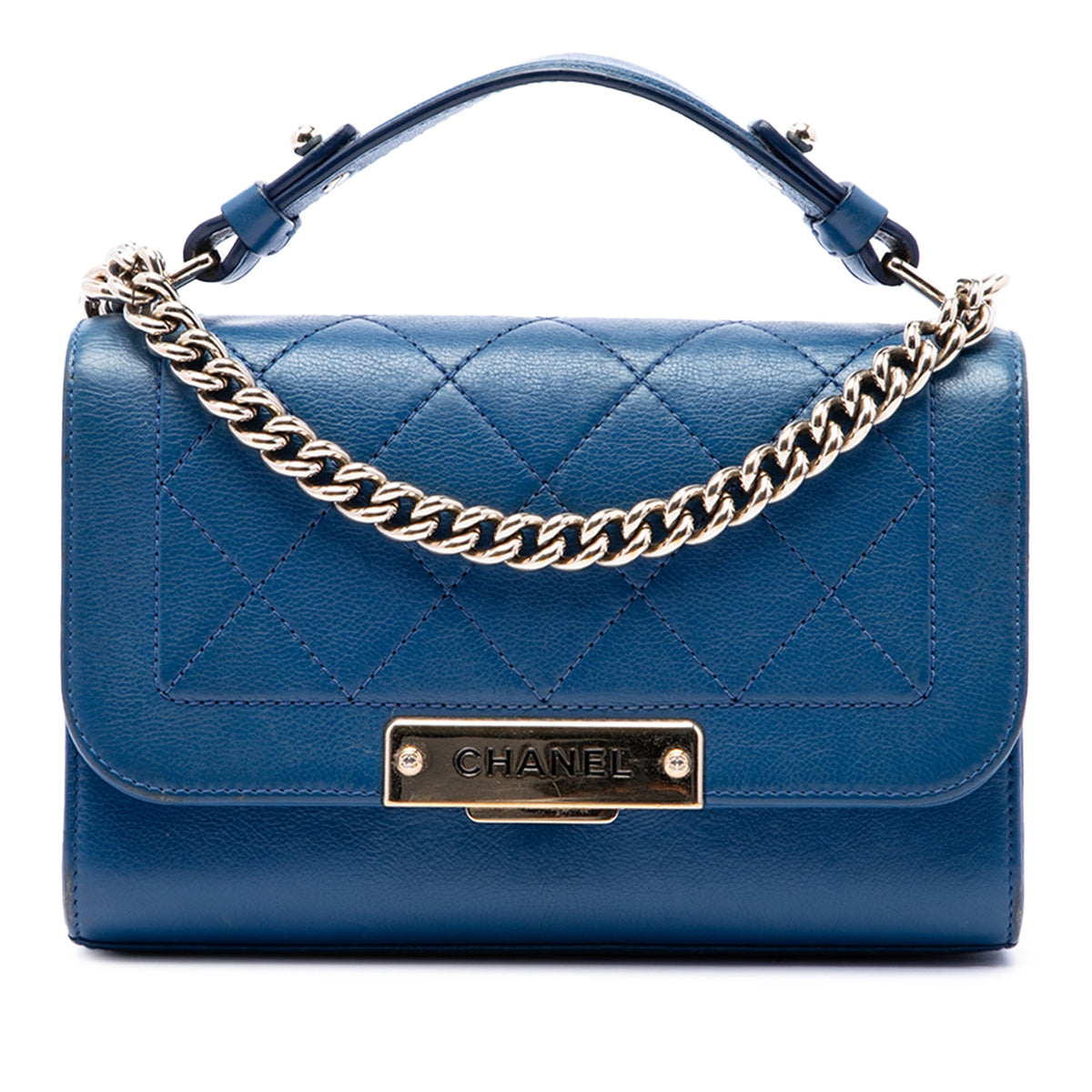 Chanel Small Quilted Grained Calfskin Label Click Flap — Blue