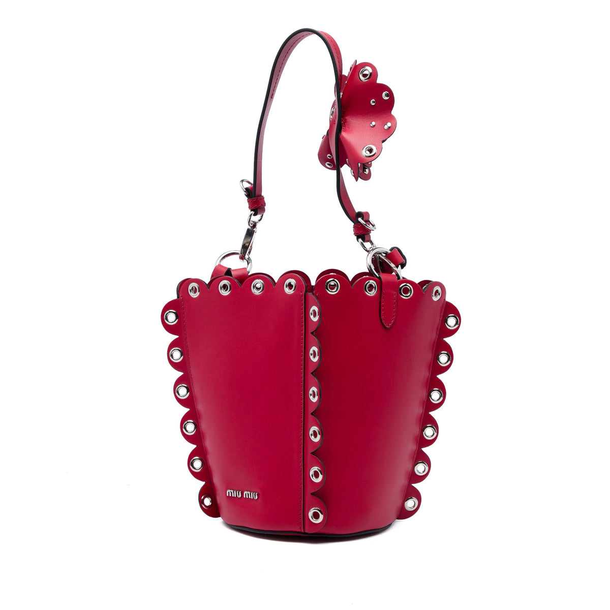 Miu Miu Calfskin Scalloped Grommet Bucket Bag — Red