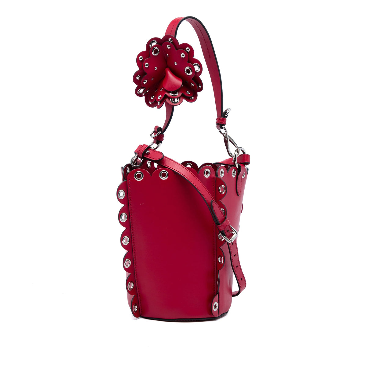 Miu Miu Calfskin Scalloped Grommet Bucket Bag — Red