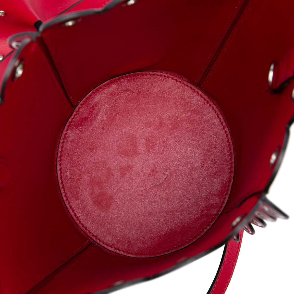 Miu Miu Calfskin Scalloped Grommet Bucket Bag — Red