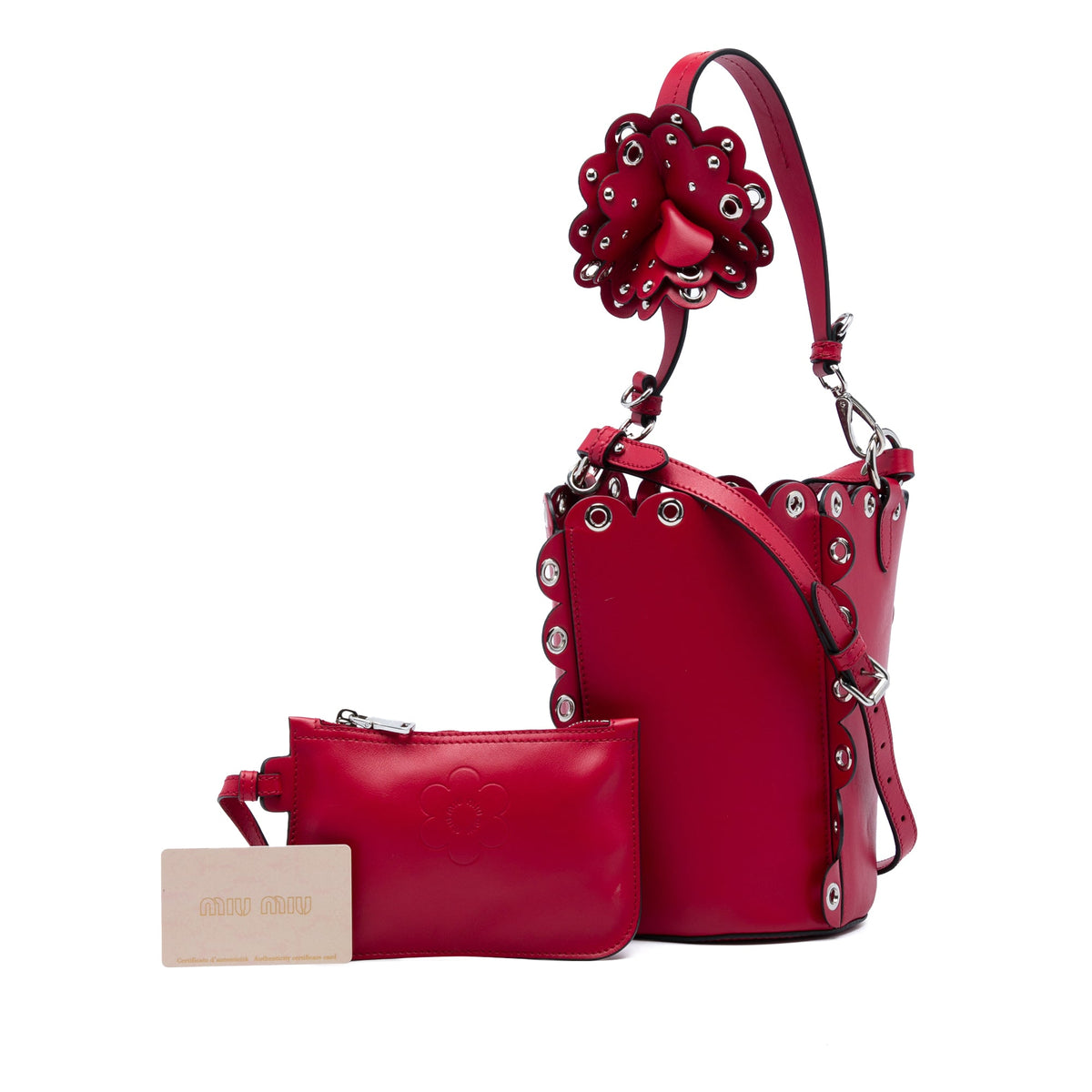 Miu Miu Calfskin Scalloped Grommet Bucket Bag — Red