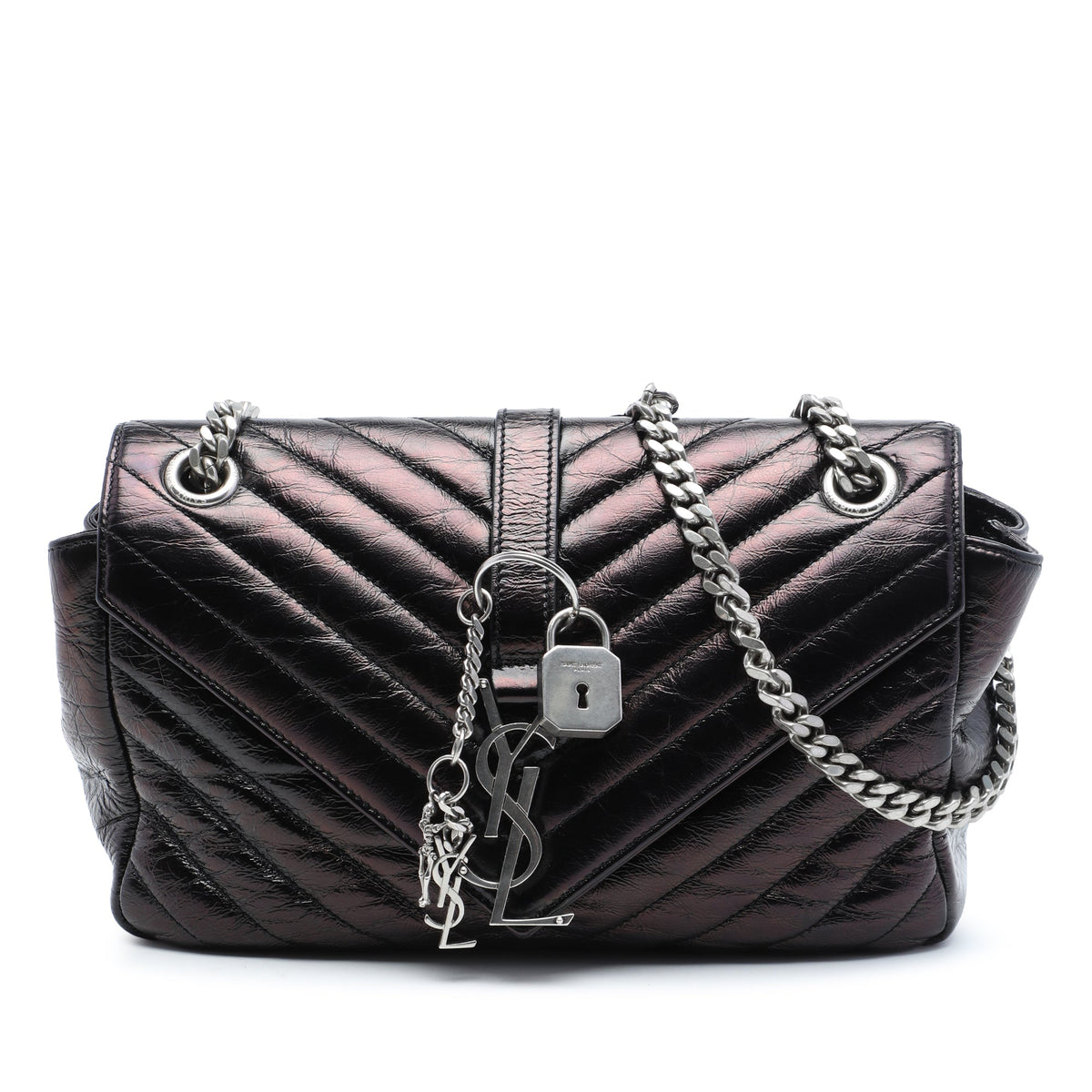 Saint Laurent Medium Chevron Metallic Crinkled Calfskin Punk Chain Bag