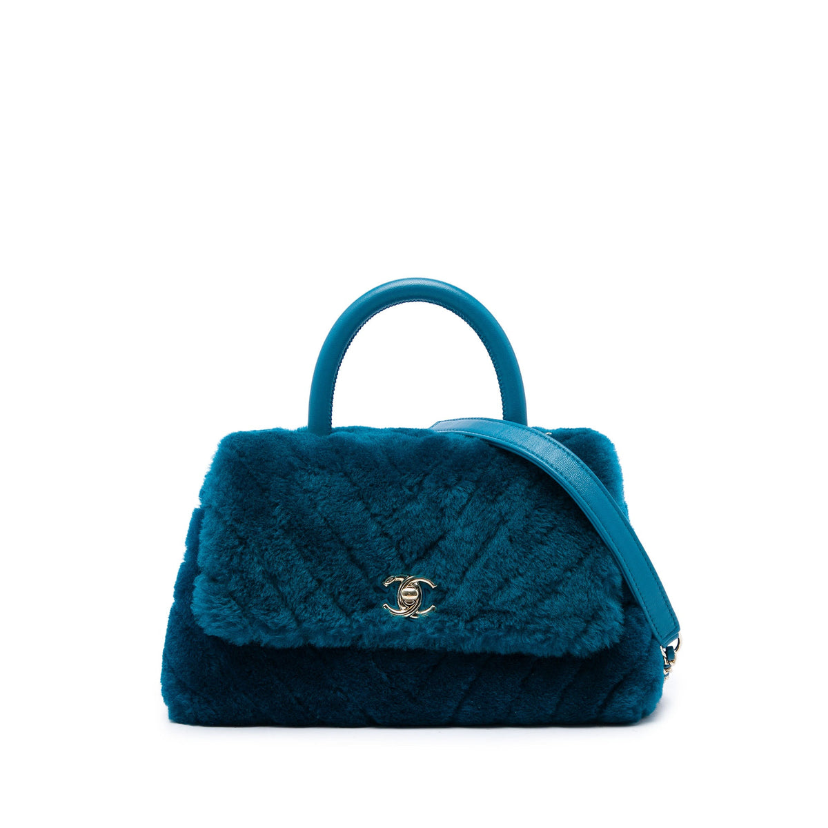 Chanel Mini Chevron Shearling Coco Top Handle Bag — Blue