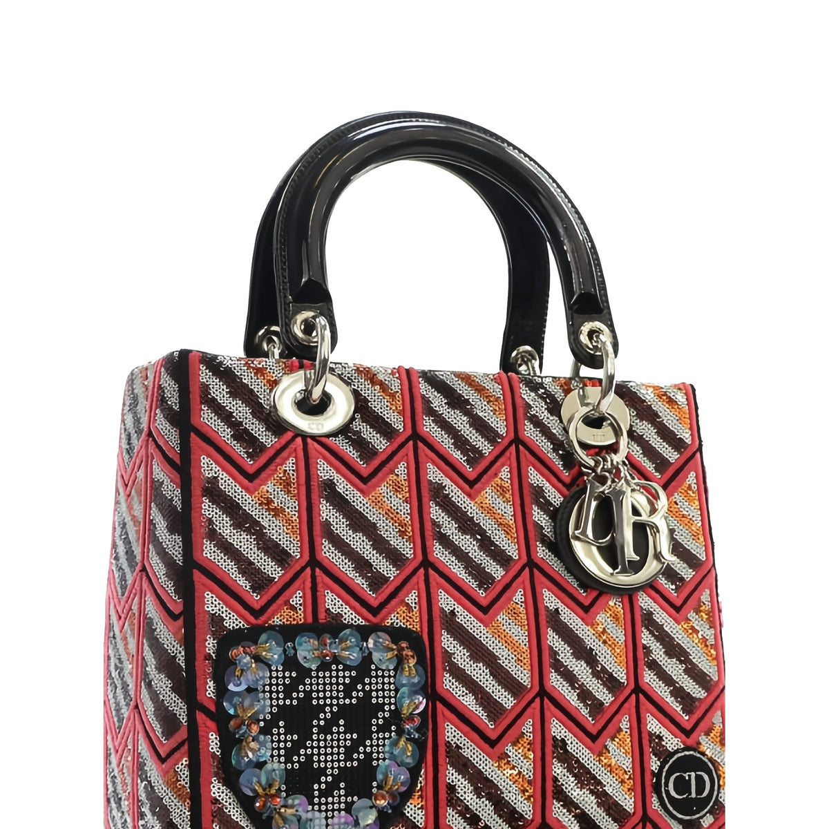 Dior Medium Patent Sequin Embroidered Lady Dior — Pink