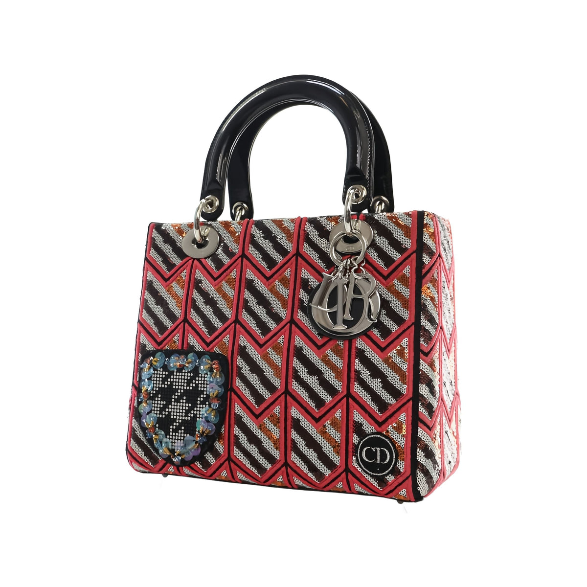 Dior Medium Patent Sequin Embroidered Lady Dior — Pink