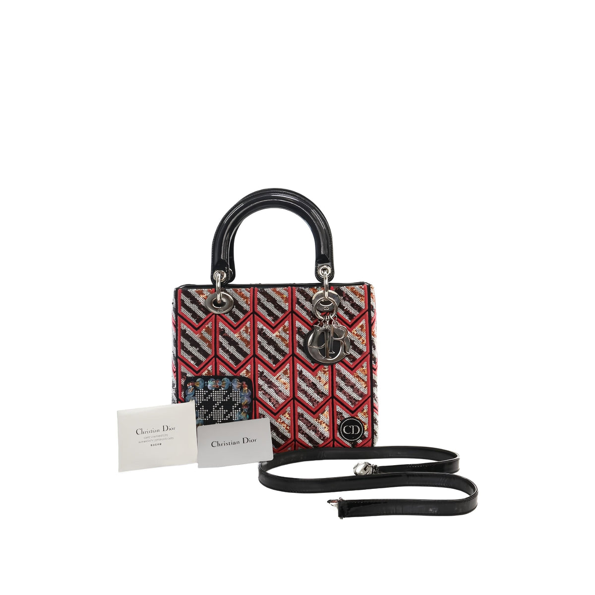 Dior Medium Patent Sequin Embroidered Lady Dior — Pink