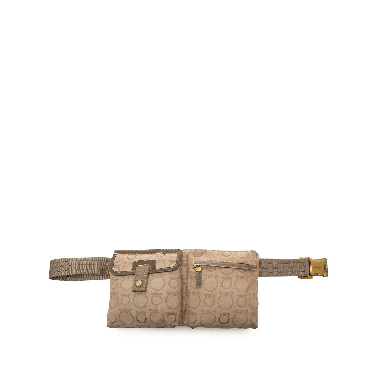Ferragamo Gancini Canvas Double Pocket Belt Bag — Beige