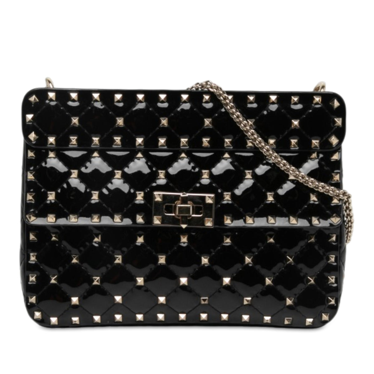 Valentino Medium Patent Rockstud Spike Satchel — Black
