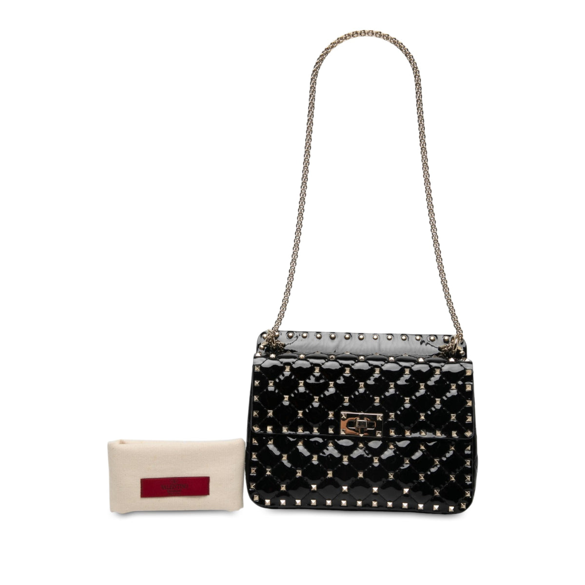 Valentino Medium Patent Rockstud Spike Satchel — Black