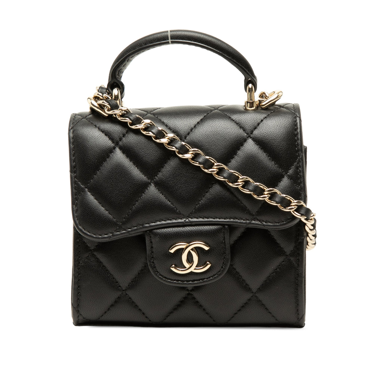 Chanel CC Quilted Lambskin Top Handle Flap Clutch With Chain