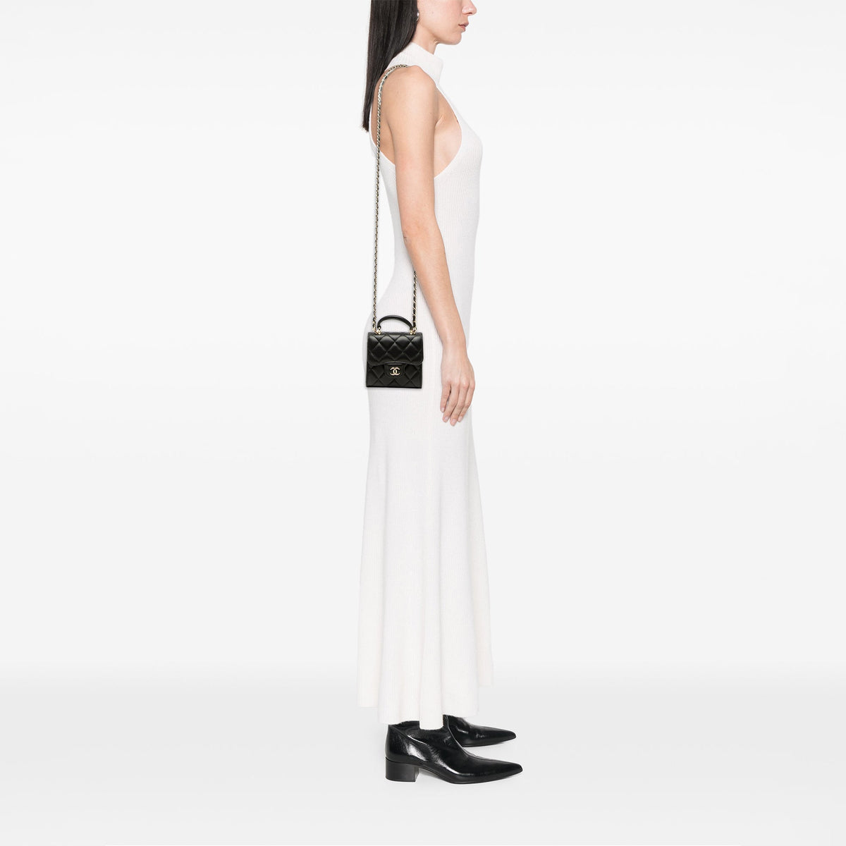 Chanel CC Quilted Lambskin Top Handle Flap Clutch With Chain