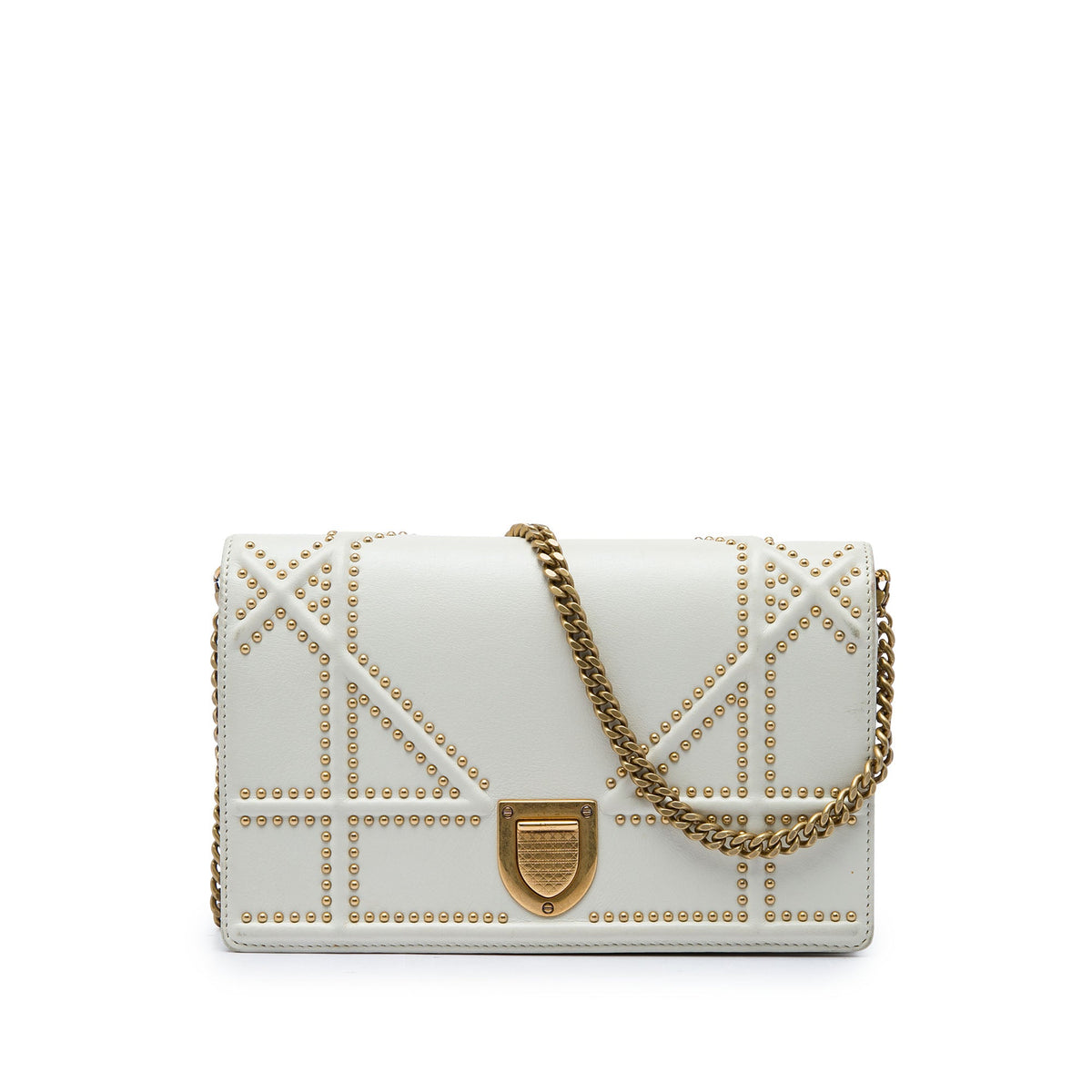 Dior Studded Calfskin Diorama Wallet on Chain — White