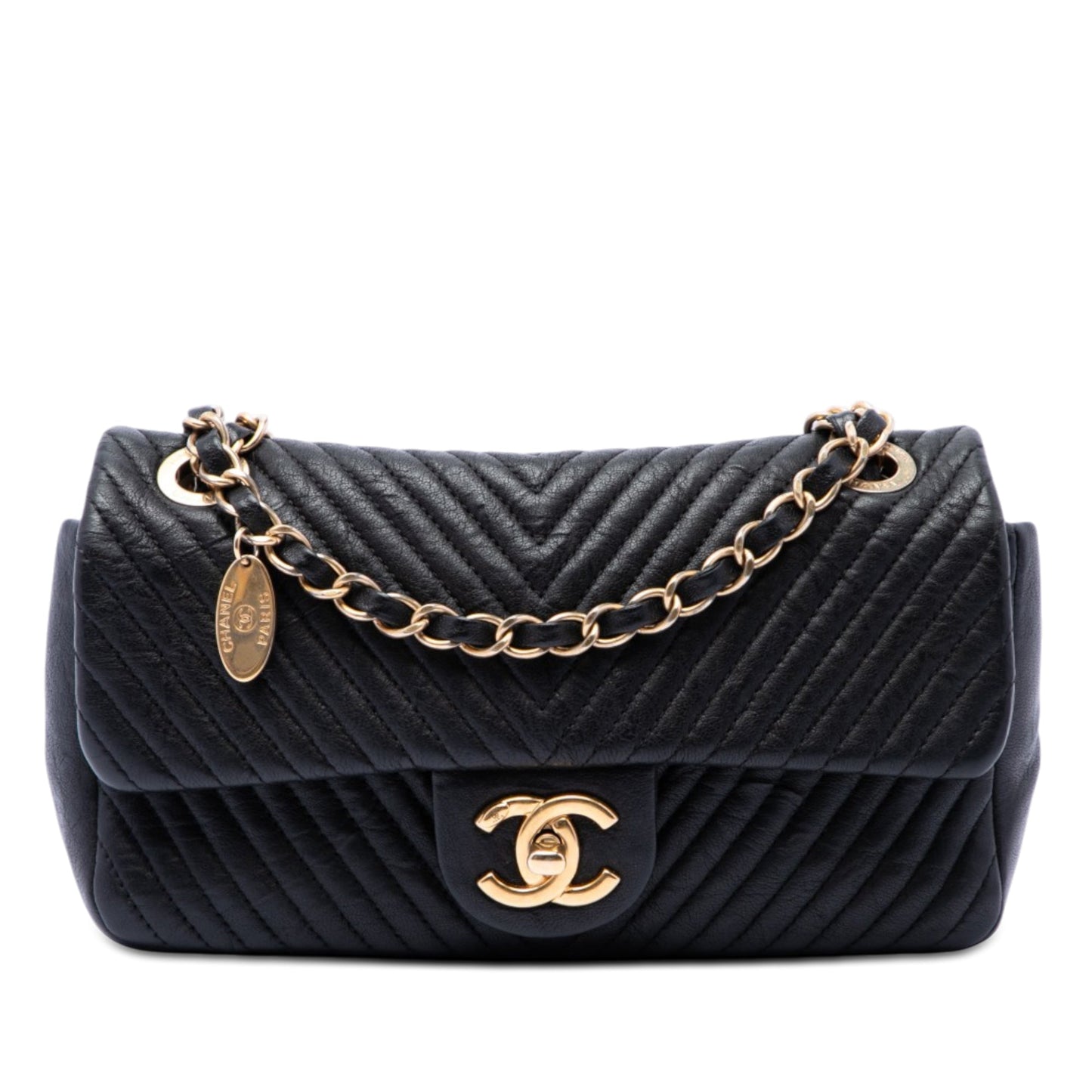 Chanel Small Chevron Wrinkled Calfskin Medallion Charm Surpique Flap