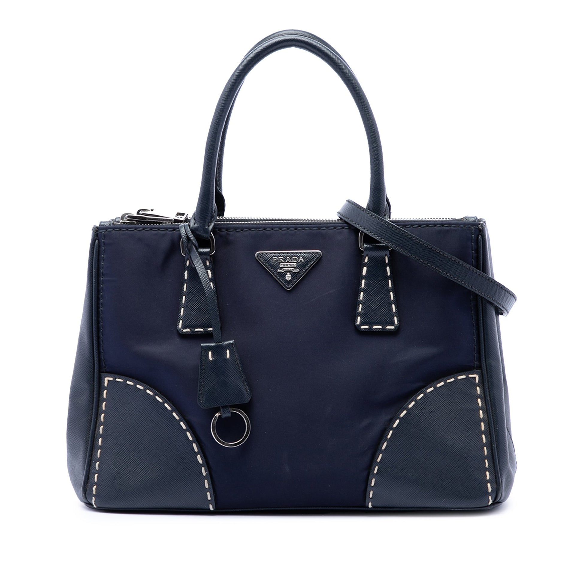 Prada Small Tessuto and City Calf Hand Stitched Galleria Double Zip Satchel