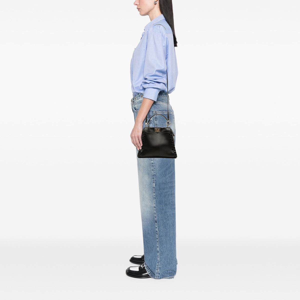Fendi Mini Leather Lace Up Peekaboo Iconic Satchel — Black