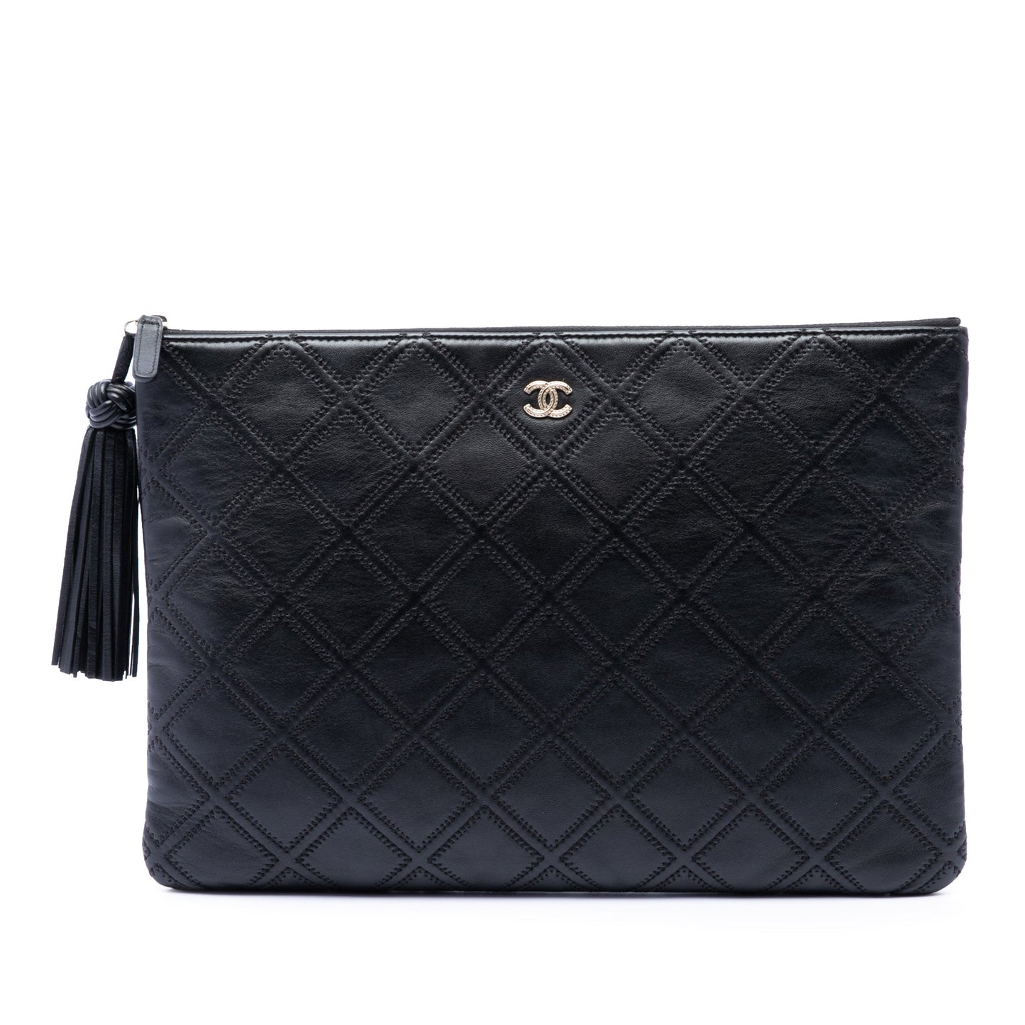 Chanel Large Quilted Lambskin Double Stitch Tassel O Case Clutch
