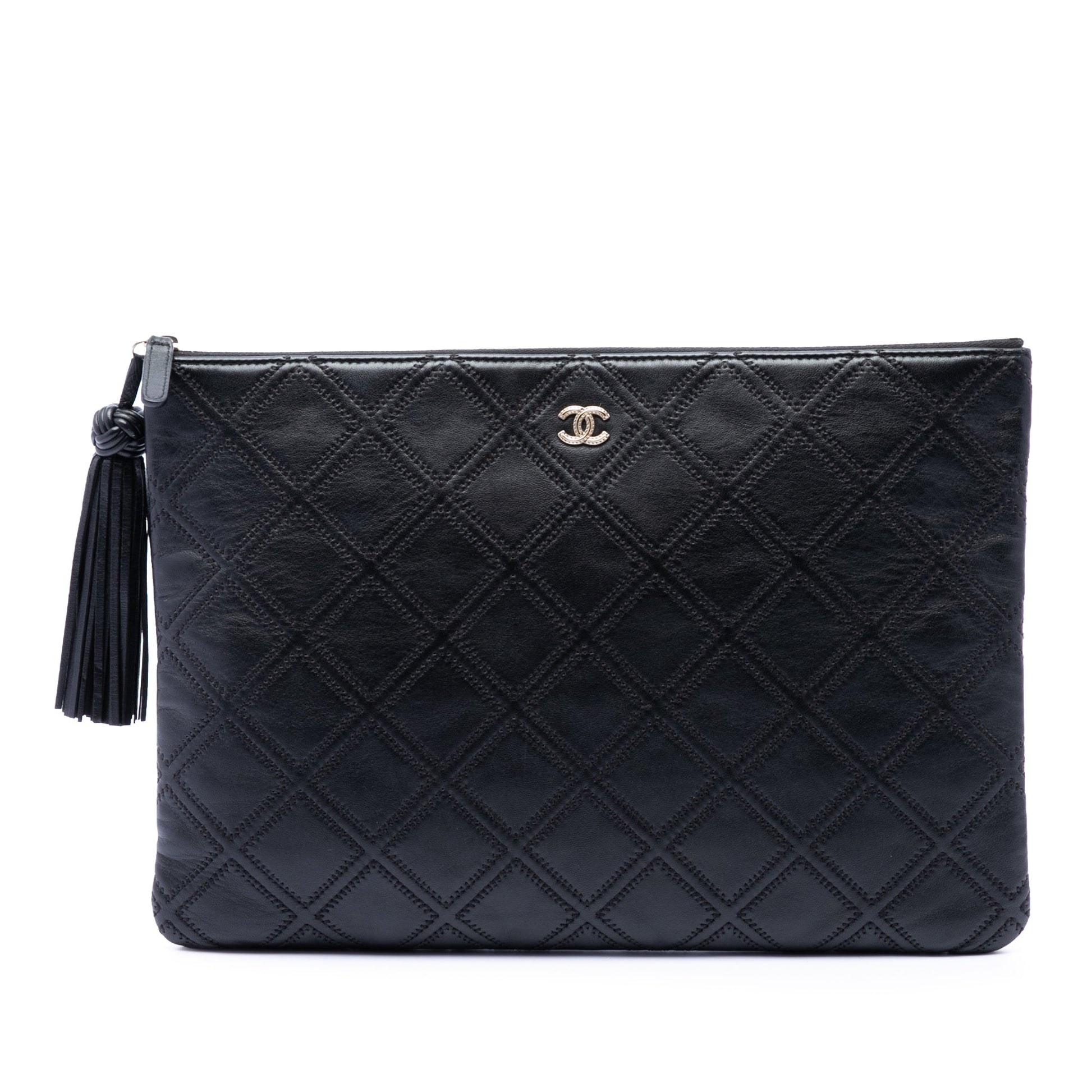 Chanel Large Quilted Lambskin Double Stitch Tassel O Case Clutch