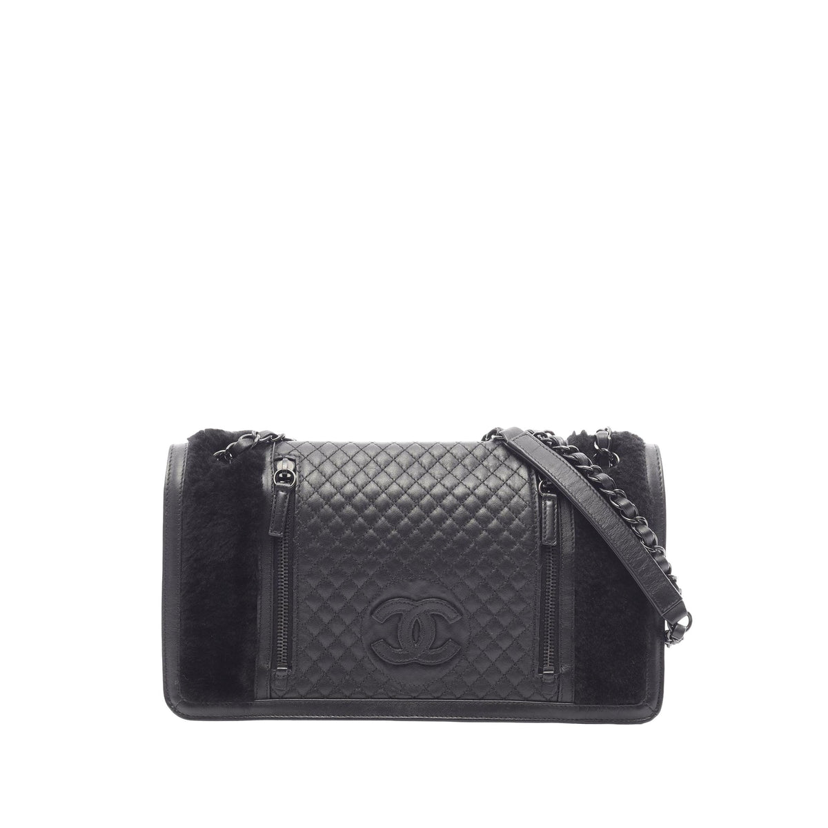 Chanel Shearling Trimmed CC Quilted Lambskin Flap — Black