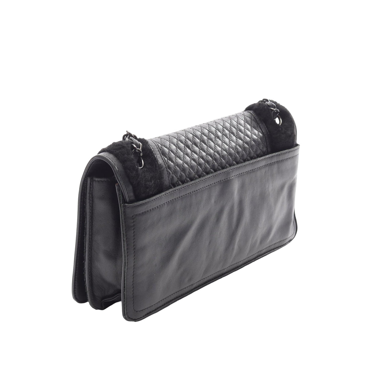 Chanel Shearling Trimmed CC Quilted Lambskin Flap — Black
