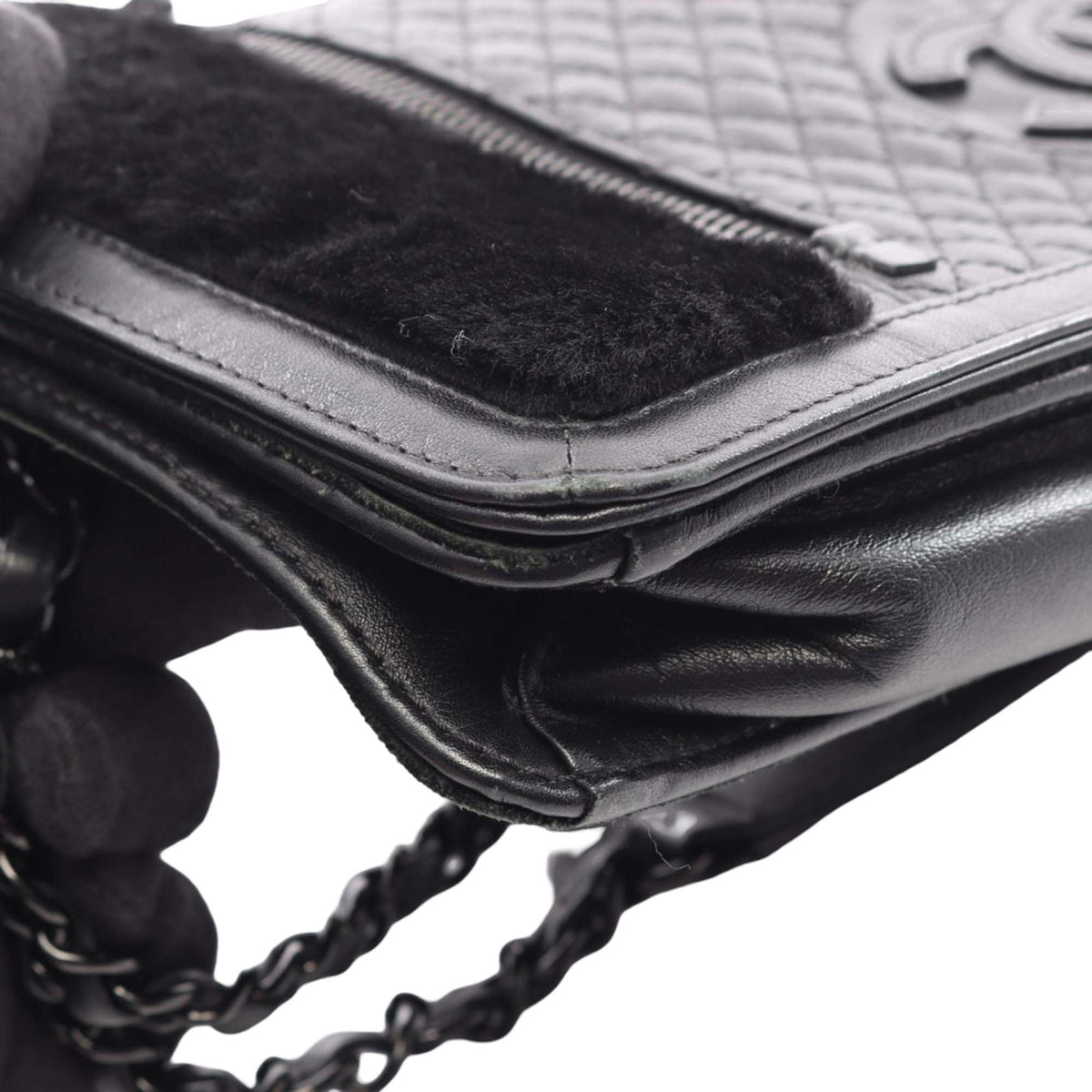 Chanel Shearling Trimmed CC Quilted Lambskin Flap — Black