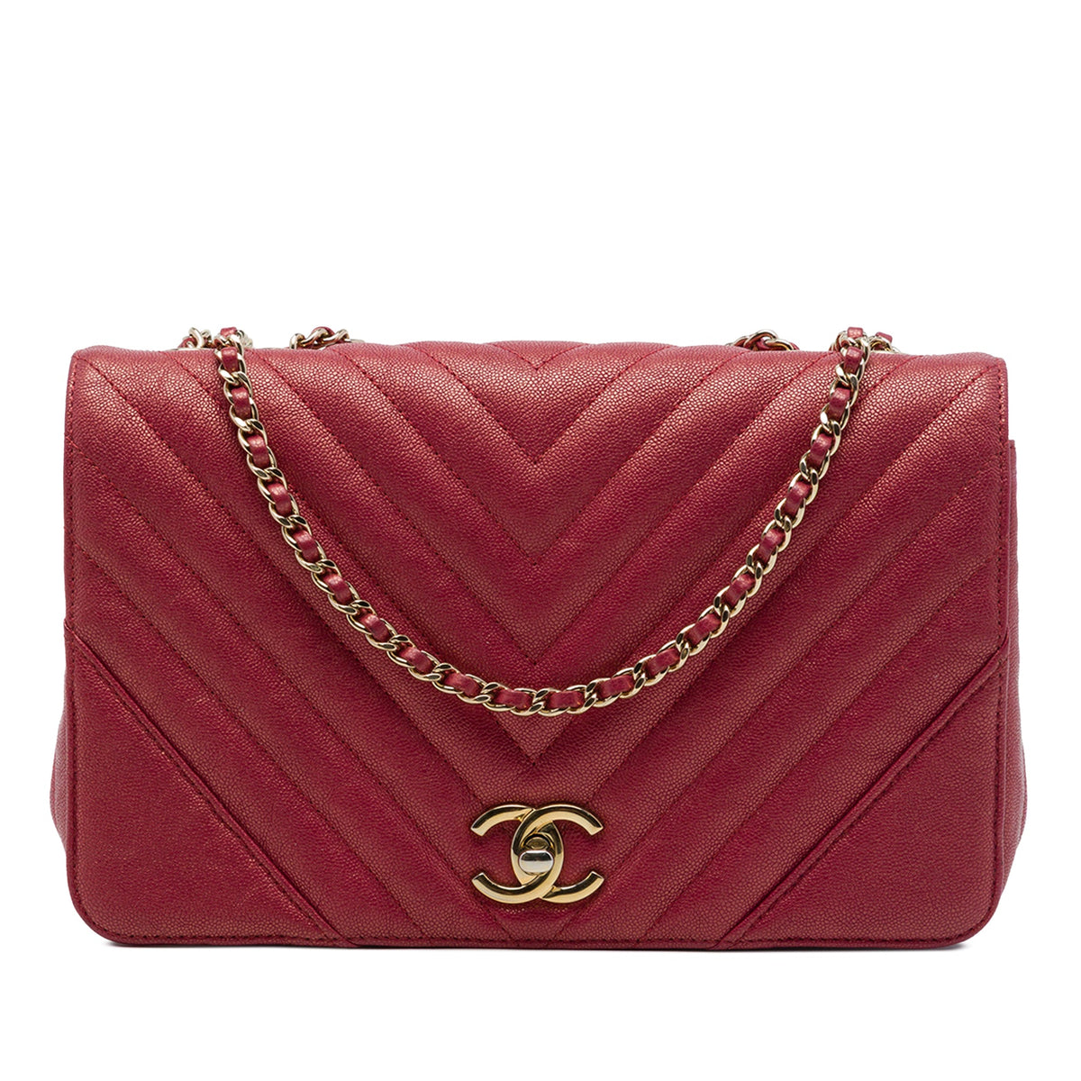 Chanel Medium Chevron Iridescent Caviar Statement Flap — Red