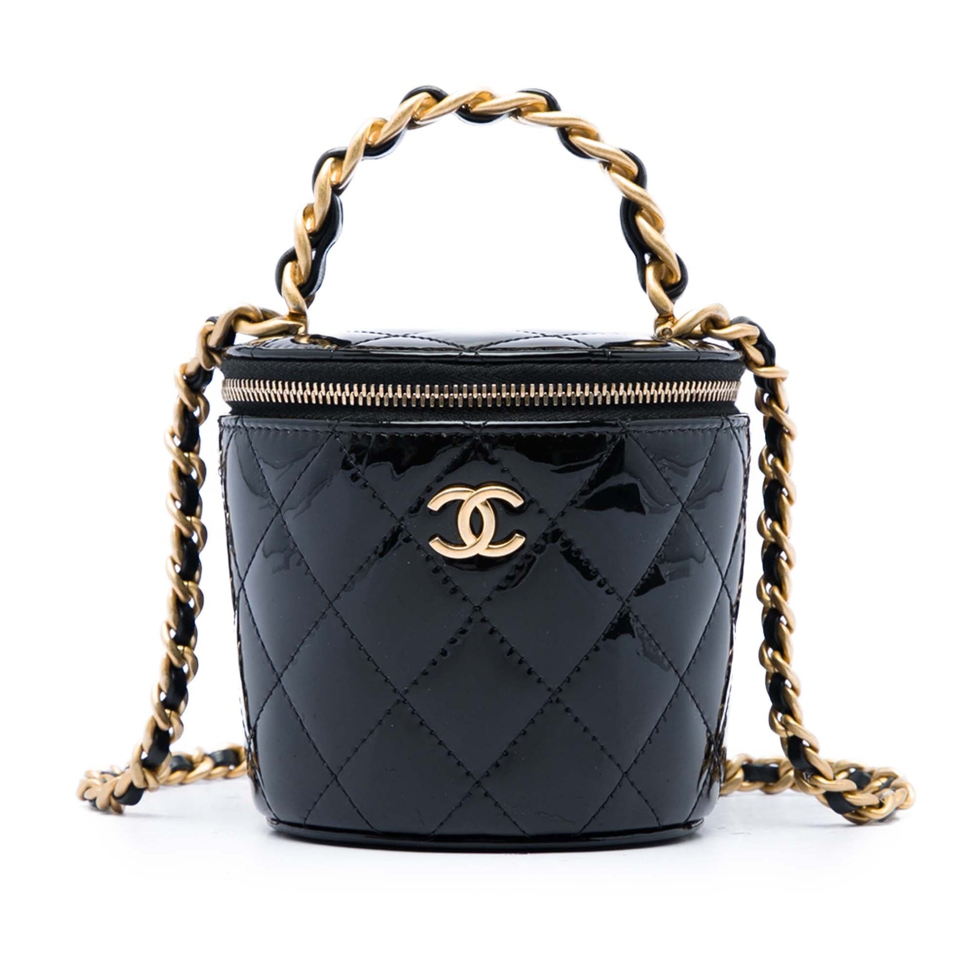 Chanel Quilted Patent Afternoon Tea Top Handle Vanity Case with Chain