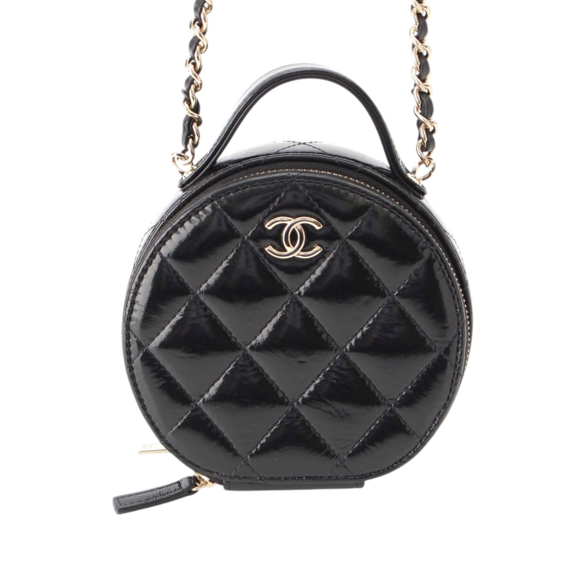 Chanel Quilted Glazed Lambskin Handle With Care Round Vanity Case with Chain