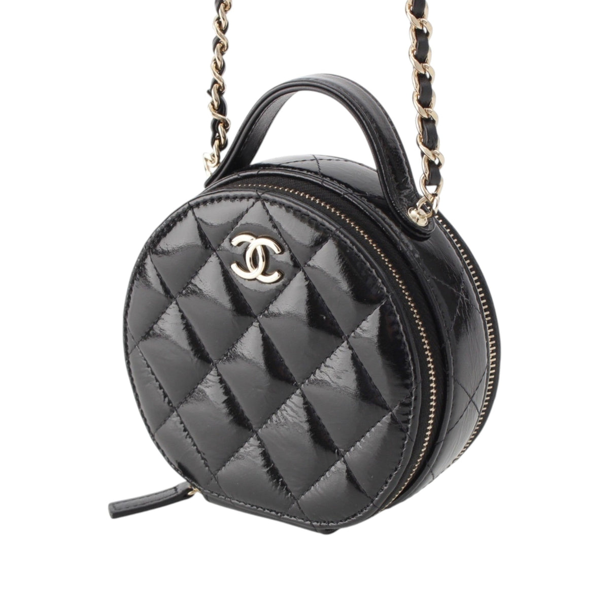 Chanel Quilted Glazed Lambskin Handle With Care Round Vanity Case with Chain