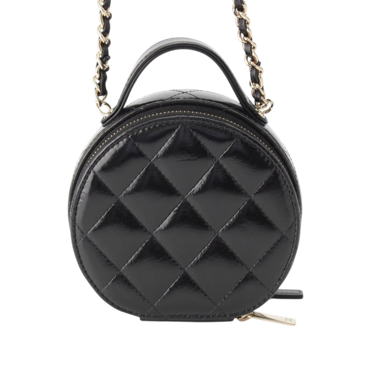 Chanel Quilted Glazed Lambskin Handle With Care Round Vanity Case with Chain